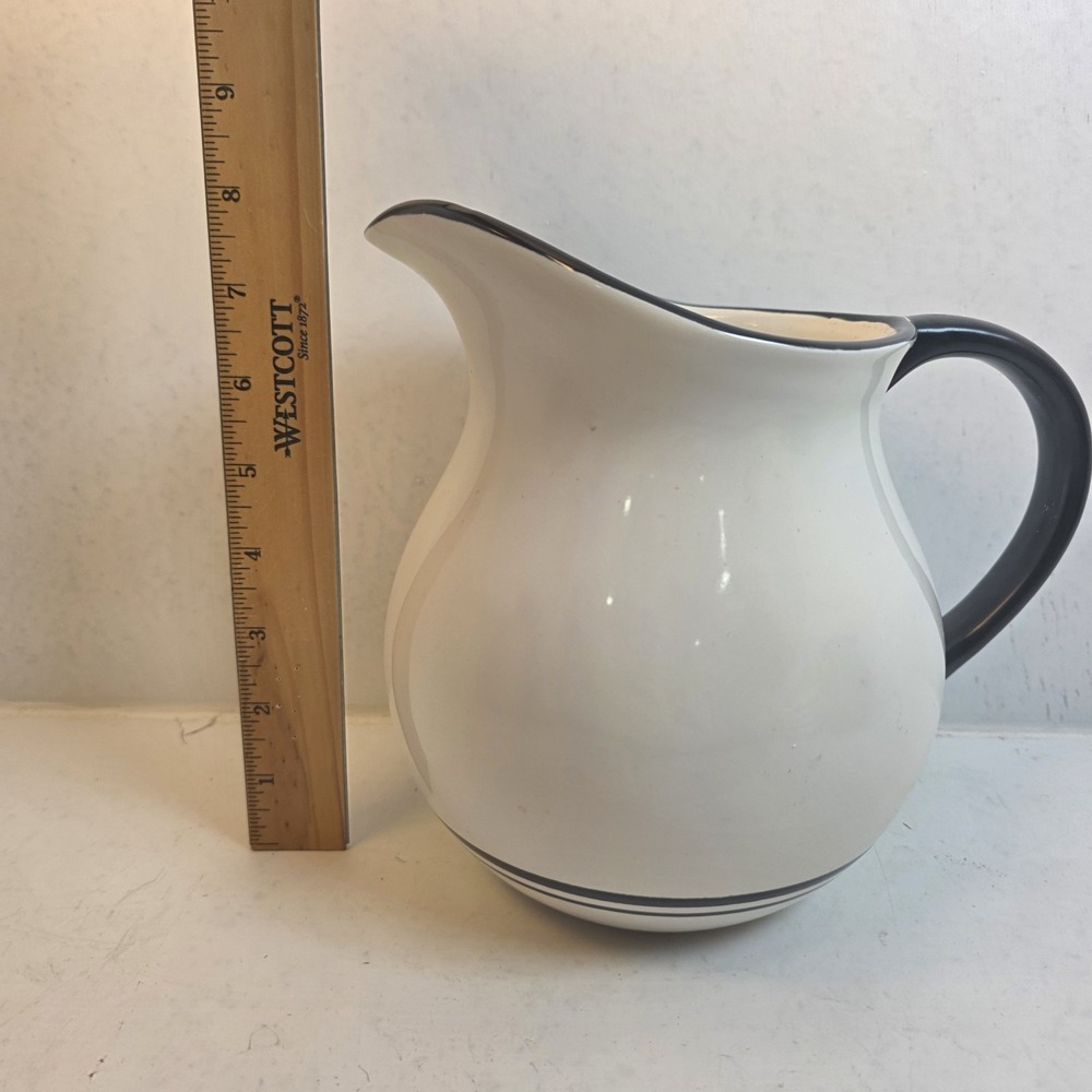 HOME Ceramic Pitcher White with Black Trim Farmhouse Stoneware Water Jug 7.5in - Picture 9 of 9